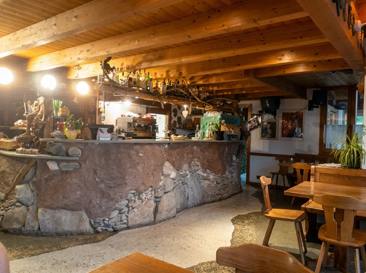 Il bancone bar de La Sorgente Bancone bar in legno e pietra all'interno del ristorante La Sorgente